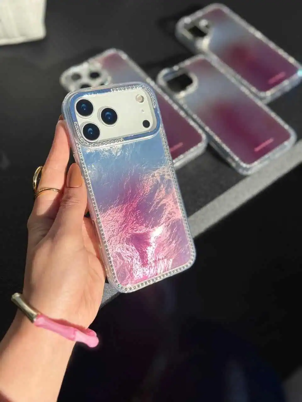 قاب گوشی  قاب فول نگین سرخابی آیفون